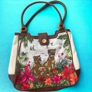 Rainforest Cheetahs Cats Canvas Handbag with Faux Leather Trim and Wood Accents.